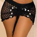 Women's Beach Crochet Hollow Out Shell Cover-Up Skirt Bikini Swimwear Wrap (Black, M)