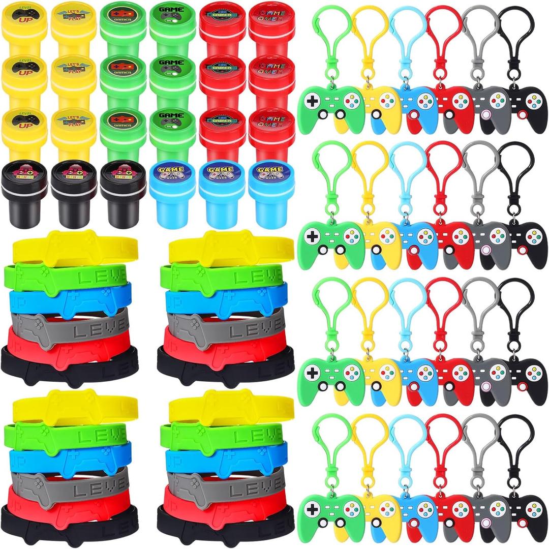 Skylety 72 Pcs Video Game Party Favor Set, Rubber Bracelets Stamps Video Game Acrylic Lobster Keychain Gamer Birthday Party Favors Supplies, Gift Bag Stuffer for Kids
