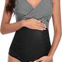 SUMMERSUNSHINE Maternity One Piece Swimwear Front Cross Pregnancy Swimsuit Bathing Suit Maternity Bikini (Large, Black Stripes)