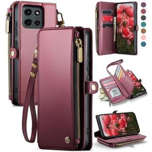 Defencase Compatible with Moto G - 2025 Case, RFID Blocking Wallet Case for Motorola Moto G 5G 2025 PU Leather Magnetic Flip Wrist Strap Zipper Card Holder Phone Cases for Women and Men, Wine Red