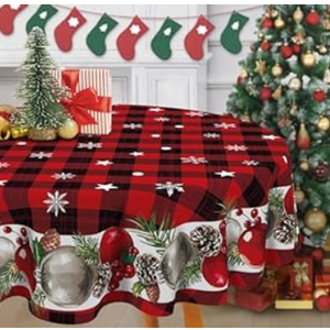 Christmas Tree Red Round Tablecloth 70 Inches, Xmas Pine Trees Snowflake Stars Decorative Dining Table Cloth, Winter Holiday Farmhouse Dinner Tablecover Picnic Party Decoration