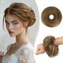 RUWISS Human Hair Bun Hair Piece Long Thin Straight Tousled Updo Bun Hair Pieces for Women Scrunchie Ponytail Extension 25g (Chocolate Light Brown with Golden Highlight)