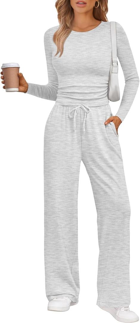 LILLUSORY 2 Piece Lounge Sets for Women Fall Outfits 2025 Two Piece Travel Sweatsuits Business Casual Fashion Clothes (X-Small, Oat Grey)