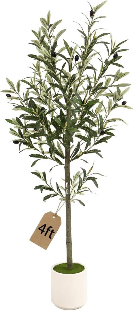 4ft Spherical Fake Olive Tree Artificial Indoor,Faux Olive Tree with Pot,Large Olive Branches and Lifelike Fruits,for Home Office House Living Room Decor.