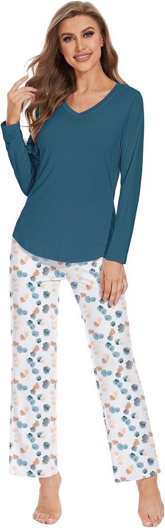 WiWi Pajamas for Women Long Sleeve Set Soft Casual Pj Cooling Viscose from Bamboo 2 Piece Lounge Sets with Pockets S-XXL, White/ Green Dots, XX-Large