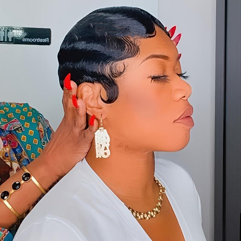 Amecire Pixie Cut Wigs for Black Women Brazilian Virgin Curly Wave Human Hair Glueless Short Layered Pixie Cut Curly Wigs With Bangs Natural Black Color for Daily Use 1B Black