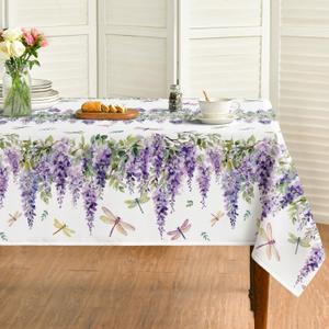 Horaldaily Spring Tablecloth 60x84 Inch Rectangular, Purple Wisteria Dragonfly Leaves Washable Seasonal Table Cover for Party Picnic Dinner Decor