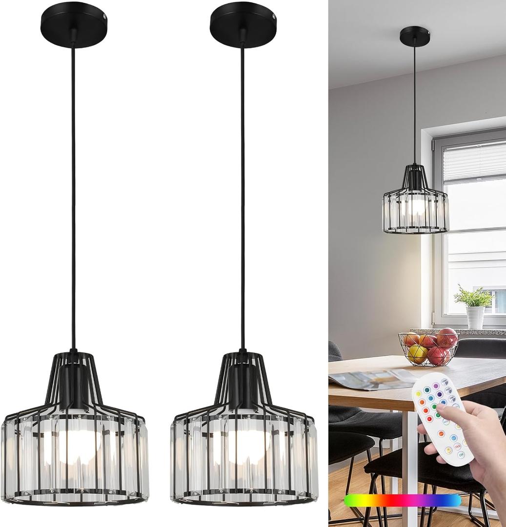 Battery Operated Pendant Lights,Rechargeable Pendant Light with Remote,Crystal Pendant Light Fixtures for Kitchen Island,Black Modern Hanging Lights for Bedroom,Dining Room Hallway Entryway(2 Pack)