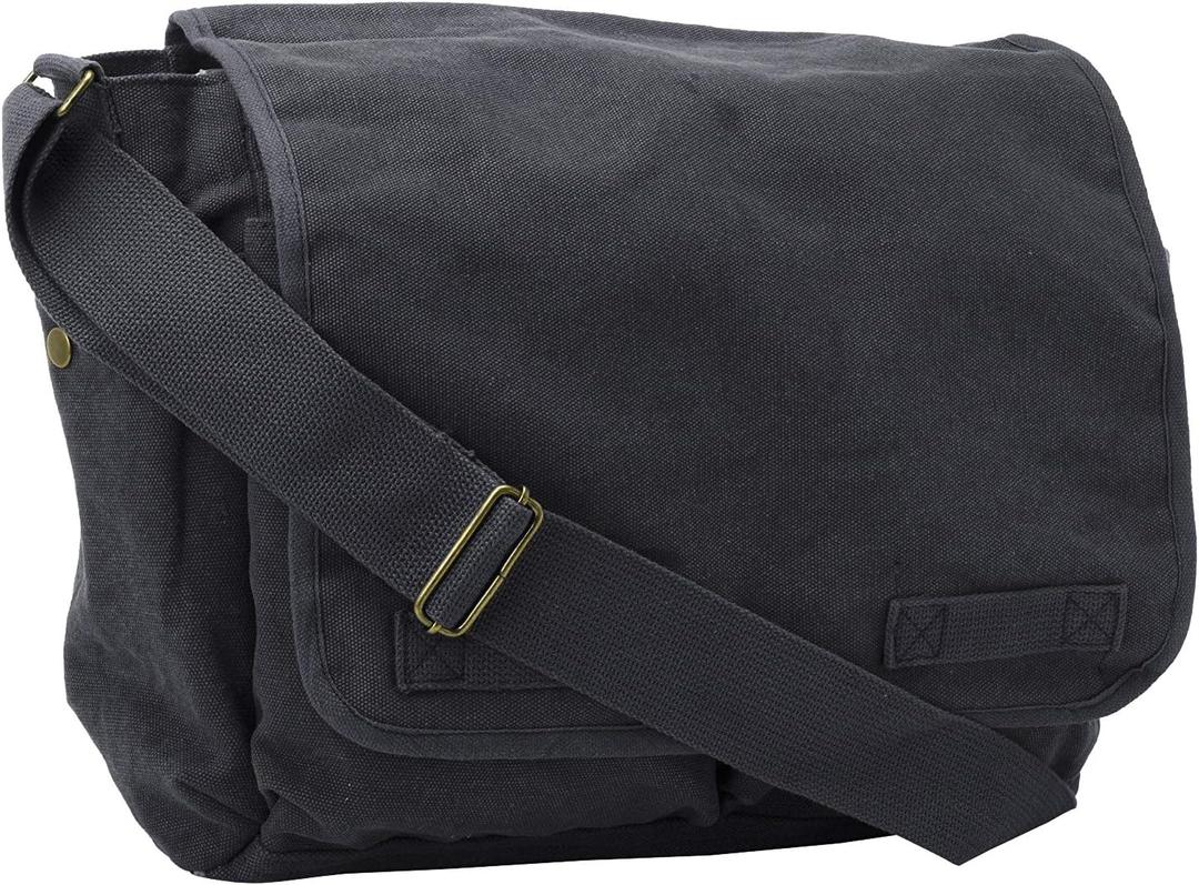 ARMYU Black Original Heavyweight Cotton Canvas Classic Heavyweight Military Messenger Bag + Streamer
