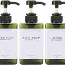 Plastic Refillable Hand Soap Dispenser Modern Square Pump Bottle for Bathroom Vanities or Kitchen Sink, Countertops - 3 Packs with Waterproof Label(Green)