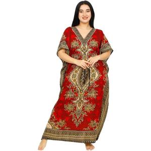 Women's Long Kaftan Maxi Caftan Dress Gown Top Night Dress (Red), One Size