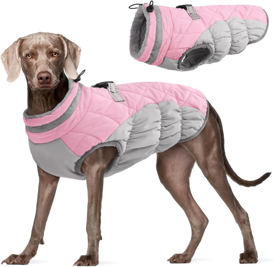 FUAMEY Dog Coat for Large Dogs,Waterproof Dog Winter Jacket with Harness Built in Puppy Cold Weather Coats Reflective Pet Vest with Zipper Warm Fleece Dogs Snowsuit Windproof Pink 3XL (XXXL(chest:43in))