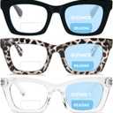 REAVEE 3 Pack Bifocal Reading Glasses for Women, Blue Light Blocking Stylish Thick Frame Trendy Cute Readers with Spring Hinge (Black/Clear Leopard/Clear 1.0)