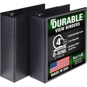 Samsill Durable 4 inch 3 Ring Binder, D Ring Binder, 100% Recycled Chipboard, Black, 2 Pack