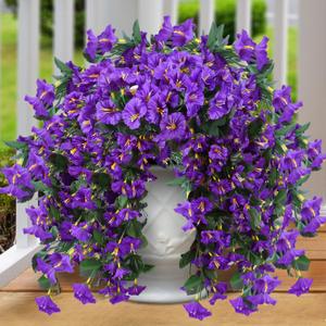 Sggvecsy Artificial Fake Hanging Flowers Plants for Outdoor Outside Spring Summer Decoration 2PCS Faux Silk UV Resistant Realistic Morning Glory Trailing Vines for Home Porch Patio Balcony(Purple)
