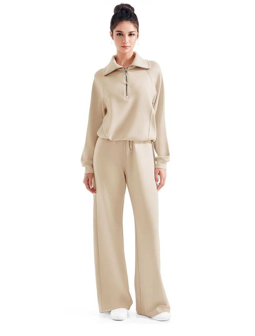 SUUKSESS Women 2 Piece Lounge Matching Set Wide Leg Sweatpant Half Zip Sweatshirt, XL