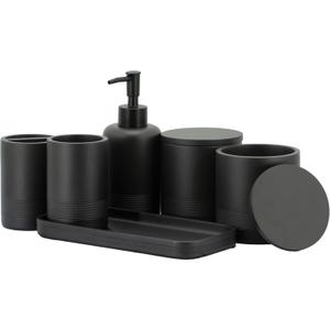ZCCZ Black Matte Bathroom Accessories Set 6 Pieces - Toothbrush Holder, Lotion Dispenser, Qtip Container, Vanity Tray, Tumbler - Countertop Organizer for Bathrooms - Elegant and Functional Dcor Set