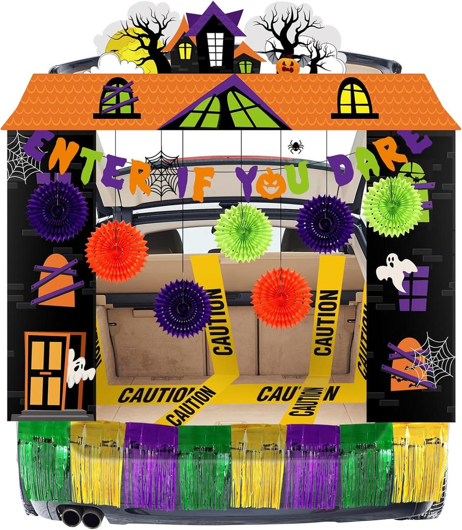 Haunted House Trunk or Treat Decorating Kit Halloween Trunk or Treat Car Decorating Kit with Banner Paper Fans Tassel Caution Tape Halloween Scary Cars Decoration Kit for Car SUV Truck
