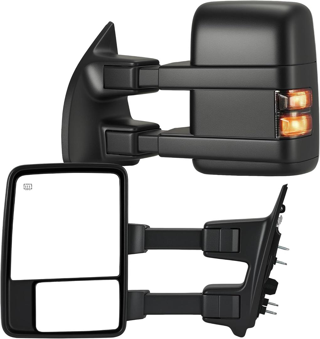 Tow Mirrors Compatible with 2008-2016 Ford F250 F350 F450 F550 Super Duty, Smoke LED Turn Signal & Running Light, Power Heated, Dual Glass, Manual Telescoping & Folding, Black