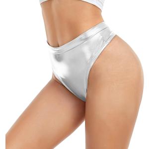 Women's Thong Metallic Rave Bottoms High Waisted Shiny Panties Clubwear Dance Bottom (Silver, XL)