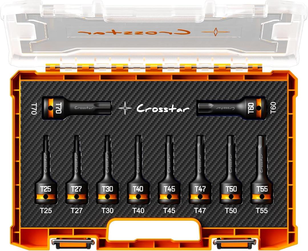 Crosstar 10-Piece Impact Torx Bit Socket Set(T25~T70), 1/2" Drive Cr-Mo Steel, Long High Impact Star Sockets for Automotive & Heavy-Duty Use, Professional Mechanic Tools with Transparent Case (Full Size)