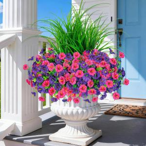INQCMY Artificial Flowers for Outdoors, 12 Bundles UV Resistant Fake Morning Glory and 2 Bundles Greenery Grass, Silk Faux Plants for Garden Porch Patio Home Decor