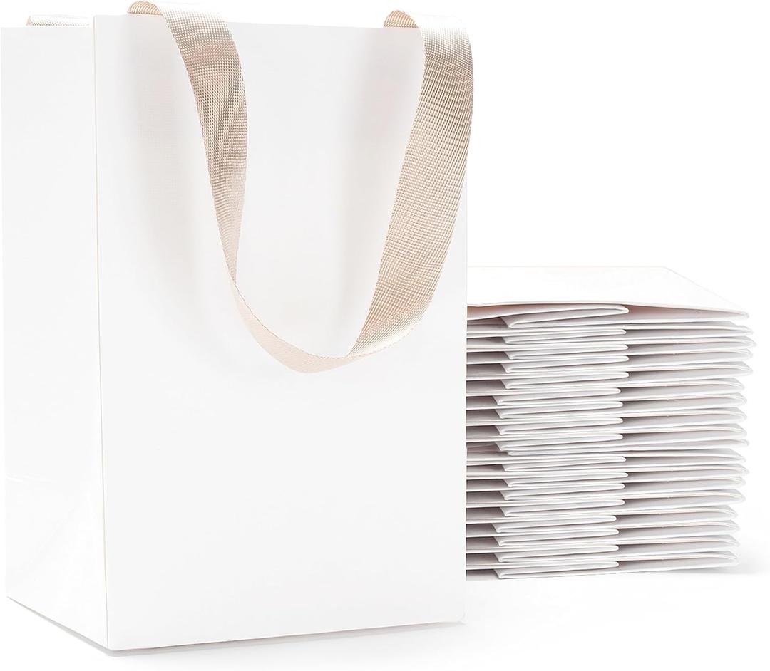 White Gift Bags with Handles, 20Pcs 5.25"x3.75"x8" White Paper Gift Bags with Ribbon Handles Bulk, Small Kraft Paper Bag for Party, Goodie