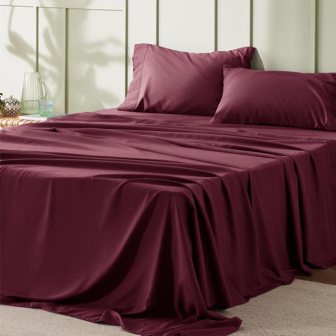 Bedsure California King Sheet Sets - 4 Pieces Soft Cal King Sheets - Breathable & Cooling - Hotel Luxury - Easy Care Polyester Microfiber Bedding for Women, Men, Burgundy