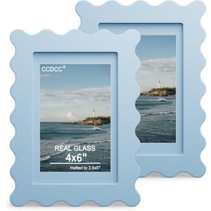 4x6 Picture Frame with Real Glass, Wooden Wavy Photo Frame with 3.5x5 Mat for Tabletop and Wall Hanging, Blue, 2 Pack