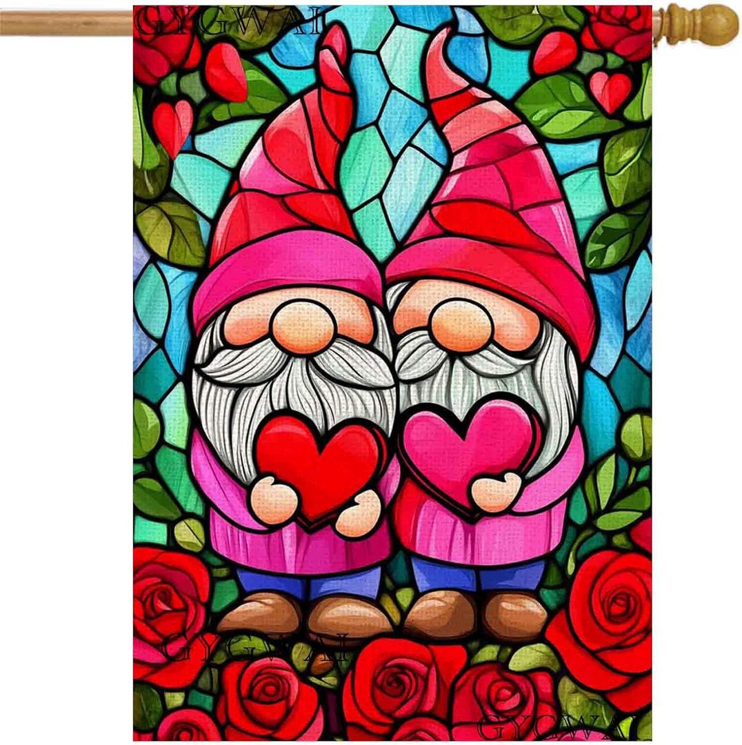 Valentines Gnomes House Flag 28x40 Inch Double Sided Outside, Stained Glass Valentines Yard Flag for Anniversary Wedding Outdoor Decoration