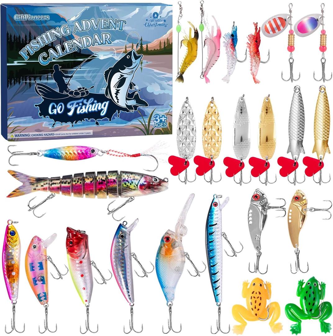 Fishing Advent Calendar 2025, 24 Day Fishing Lure Advent Calendar Fishing Tackle Set for Adult Men Teens Boy, Christmas Countdown Calendar Xmas Surprise Gift for Fisherman