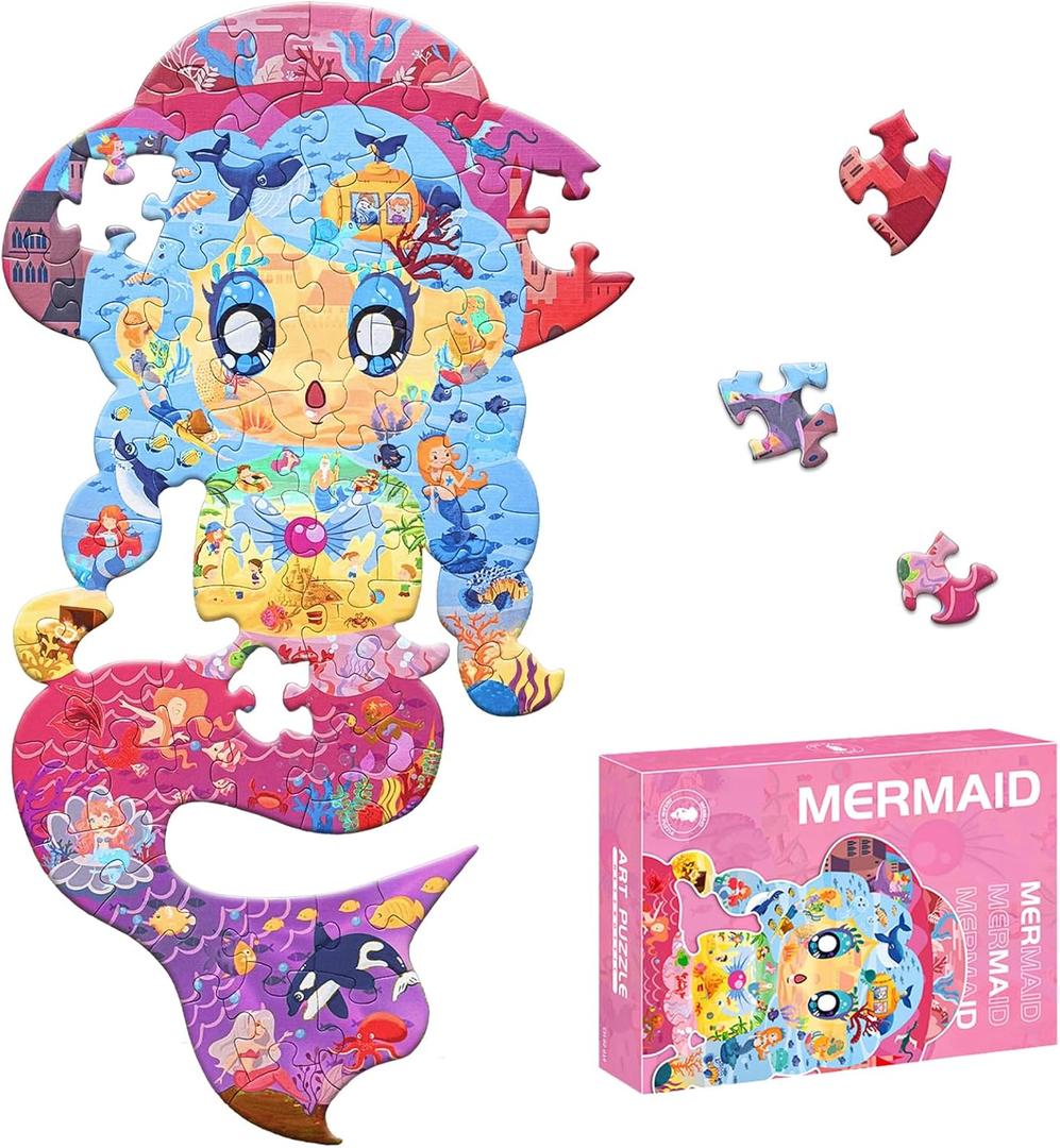 GIVEITALL Irregular Jigsaw Puzzles for Kids Ages 4-6 6-8 8-10 10-12 Year Old,Mermaid Puzzle 70 Pieces Enlightening Puzzle Game Creative Gift for Boys Girls (Mermaid)