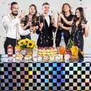 3Pack Black and Iridescent Checkered Plastic Tablecloth, Shiny Disposable Laser Rectangle Table Covers, Holographic Foil Tablecloth Iridescent Party Decorations for Picnic Camping Race Car, 54x108Inch