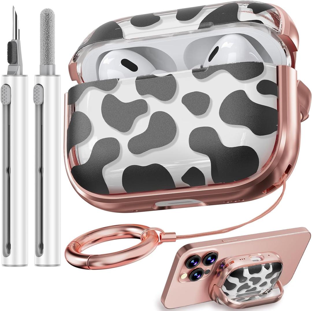 Inesore for AirPods Pro 2nd Generation Case Cover with Lock, Flowers Cute Clear Air Pods Pro 2 Case Hard iPod Pro Cases for Women Girls with Cleaner Kit (2023 USB-C /2022/2019) -Cow Print
