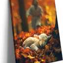 OTOSTAR Jesus and Lamb Canvas Wall Art Jesus Runs for the Lost Sheep In Autumn Forest Picture Wall Art Canvas Print Christian for Living Room Bedroom Church Home Decor - 12 x 16 Inch