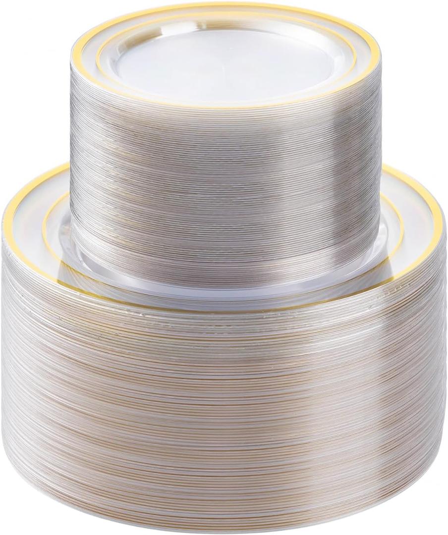 BESTSTAR 200PCS Clear Gold Plastic Plates Set, 100 10.25 inch Dinner Plates and 100 7.5 inch Dessert Plates, Disposable Plates for Party, Wedding