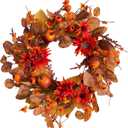 18" Fall Wreaths for Front Door with Maple Eucalyptus Leaves Daisy, Fall Door Wreath Autumn Wreath for Thanksgiving Halloween Outdoor Indoor Farmhouse Party Holiday Porch Wall Window Home Decoration (Berry)