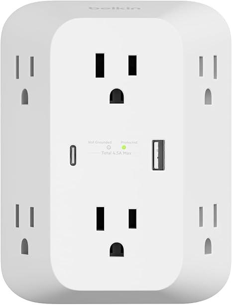 Belkin 6Outlet Surge Protector Power Strip, USBC & USBA Ports w/ USBC PD Fast Charge, ETLListed, WallMountable w/ 6 AC Outlets, Overvoltage Protection, LED Indicator, 1,680 Joules of Protection