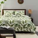 Tropical Plants Quilt Set Queen Size 3 Pieces, Green Palm Leaves Rainforest Style Fine Printed Reversible Bedspreads Bedding Sets, Soft and Lightweight Bed Coverlet for All Season