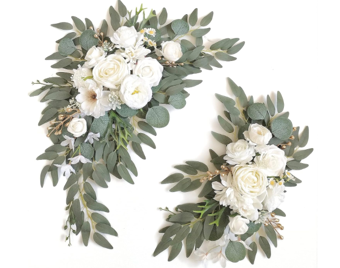 Piklado Faux Arch Flower Swag Set of 2 for Wedding Welcome Signs Floral Swag Wedding Reception Ceremony Signs Decor (White)