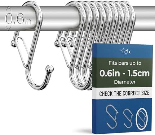 Blau Marité 9-Pack Metal S Hooks for Hanging – Heavy-Duty S-Shaped Hooks with Safety Buckle – Fits Bars up to 0.6 In – Anti-Drop Hook for Kitchen, Pot Racks & Towel Bars – Silver (Small)