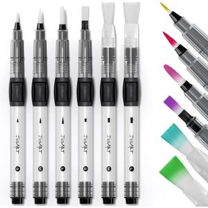 JusArt Water Brush Pens 6-Pack Leak-Proof Refillable Watercolor Pens for Acrylic and Gouache Painting - Includes Pointed & Flat Tip Styles - Portable Water Brushes for Artists, Beginners, Adults