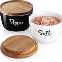 Salt and Pepper Bowls, 10 oz Salt Cellar with Lid, Stacked Ceramic Salt Pepper Container with Acacia Wood Lid, Salt Box for Countertop, Black and White Kitchen Decor, Set of 2