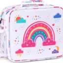 rockpapa Kids Lunch Bag for Kids with Strap, Waterproof, Stain & Oil-Resistant, Insulated LunchBag, Reusable Lunch Tote Bag Holds Lunch Box, Water Bottle & Snacks for School (White Rainbow)