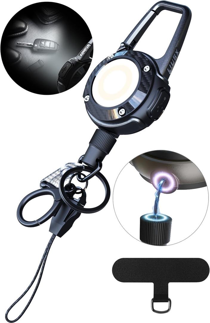 LIUGX LED Magnetic Retractable Keychain Flashlight 250 LumensUSB-C Rechargeable, with Phone Tether Tabs, Retractable Badge Reel with 20Dyneema Cord, 35oz, Ideal Keychain for Phone, Key, Badge Holder