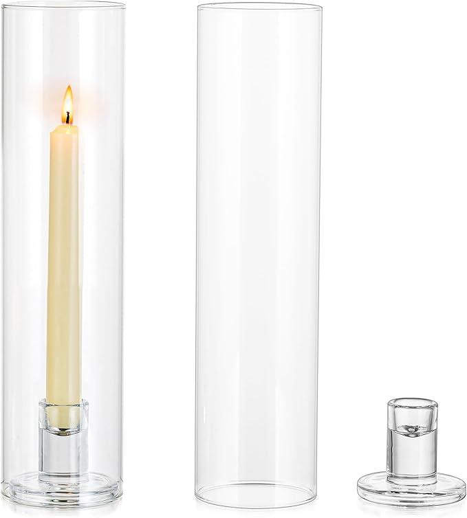 NUPTIO Hurricane Glass Candle Holders: 2 Pcs Candlestick Holder for Taper Candles with Cylinder Covers 11.8 inch Tall Windproof Clear Candlesticks Holder Stand for Wedding Party Christmas Home Decor
