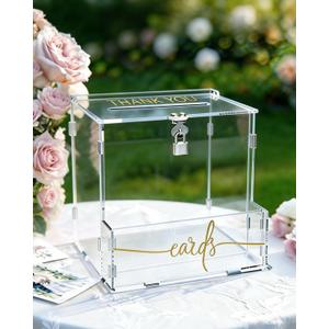 Wedding Card Box, Clear Acrylic Card Box for Wedding, Large Keepsake Holder with Flower Trough & Secure Lock, Party Decorations & Gift Money Collection for Graduation, Baby Shower, Birthday