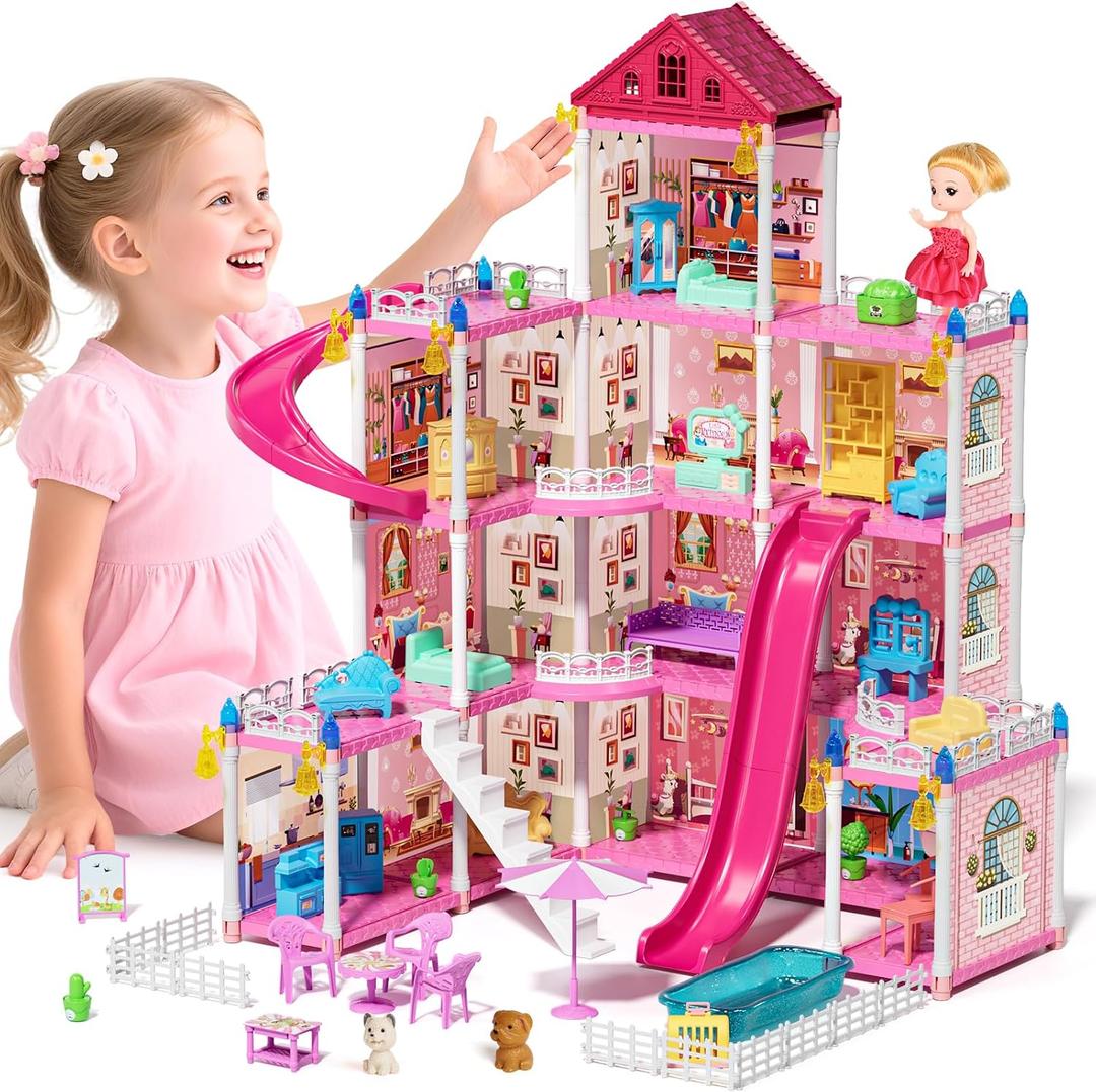 Lehoo Castle Doll House Dreamhome, 4-Story 12 Rooms Dollhouse Playhouse with Doll and Furniture, Pretend Dream Dollhouse Playset Pink Girl Toys, Sturdy Construction, Easy to Move, Ideal Gift Toy, 1:12 scale