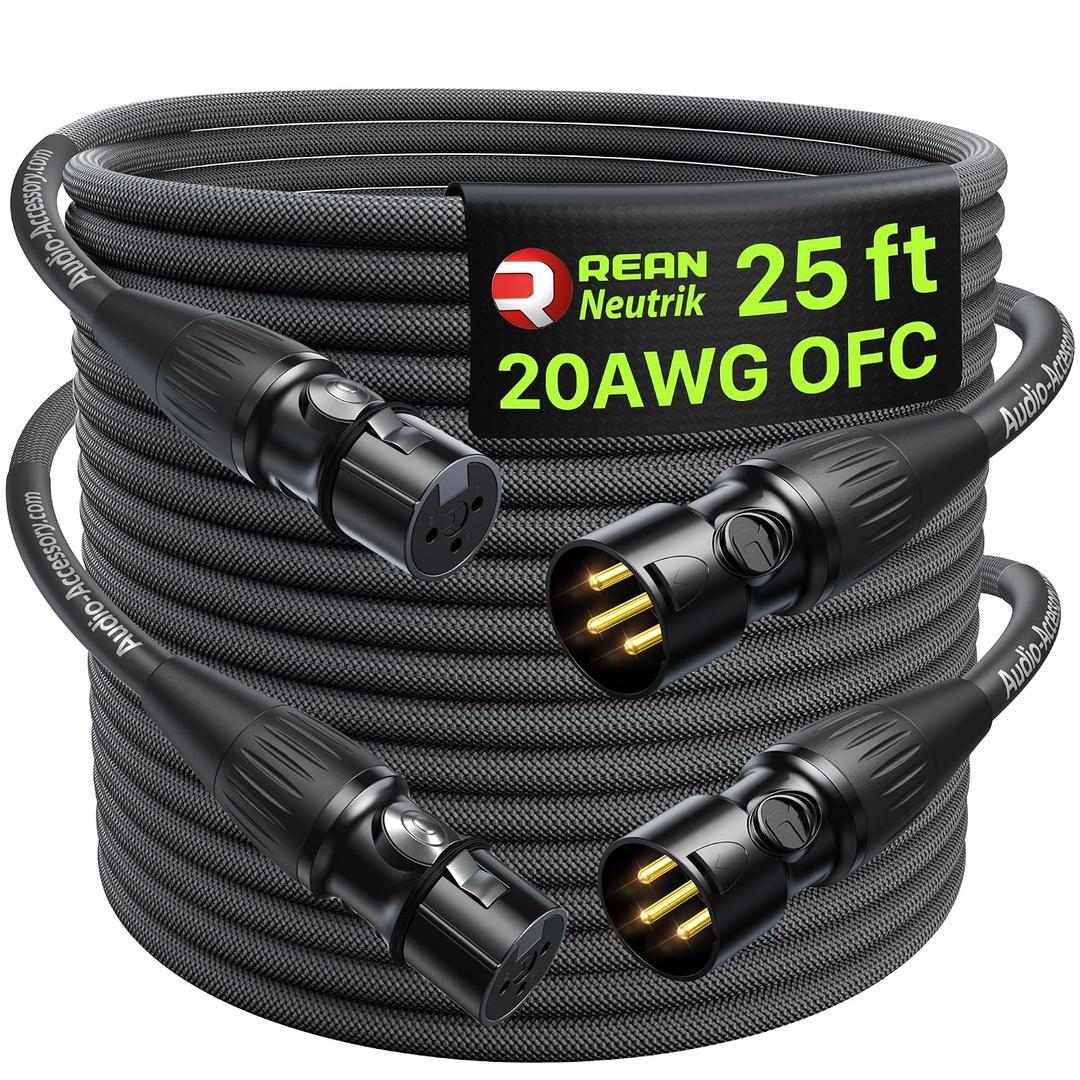 XLR Cables 25ft 2 Pack, 20 AWG, Kevlar-Reinforced Nylon Braided Microphone Cable, Professional Gold-Plated Rean Connectors from Neutrik, Mic Cable, Shielded and Balanced XLR Male to Female Cord