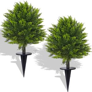 2 Pack 24 Artificial Topiary Ball Tree with Spike Soft Cypress Realistic Faux Cedar Pines Spring Trees UV Rated Fake Shrubs for Spring Pot Fillers Front Door Porch Indoor Outdoor Decor